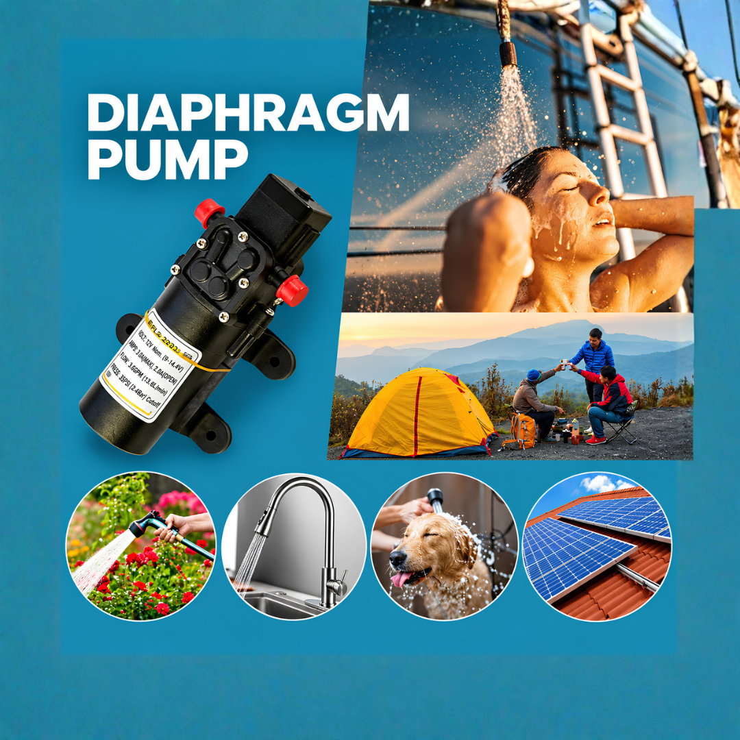 12 Volt Water System Pump XC SP003 FL40 with 17 L/min maximum flow rate, 40 PSI automatic pressure switch and self-priming design for caravans, boats, camper vans and off-grid water supply systems.