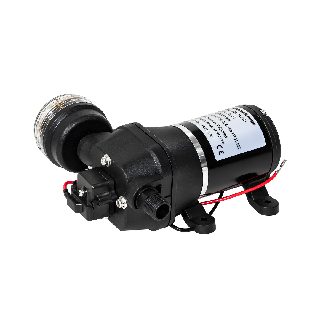 12 Volt Water System Pump XC SP003 FL40 with 17 L/min maximum flow rate, 40 PSI automatic pressure switch and self-priming design for caravans, boats, camper vans and off-grid water supply systems.