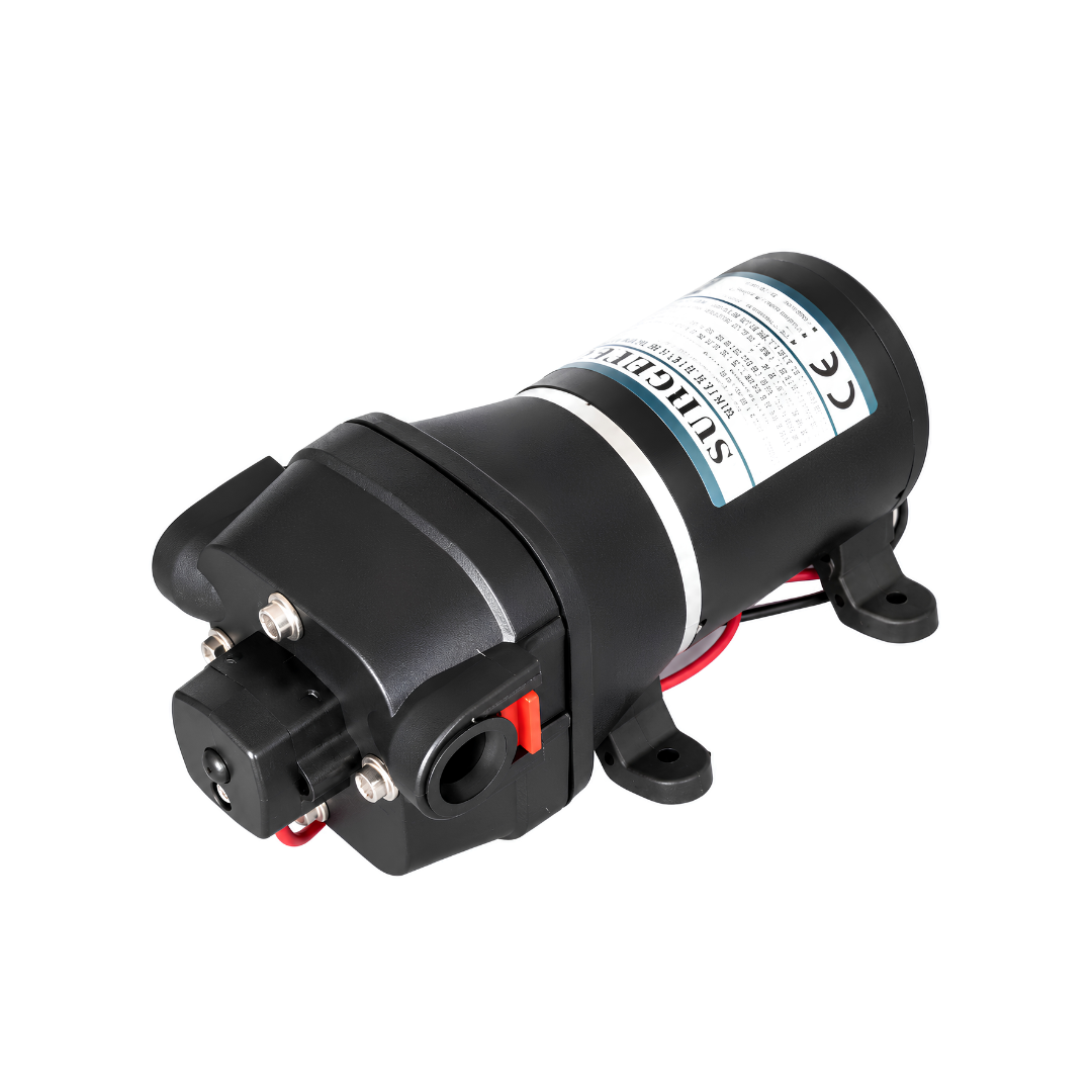 XC-SP 006 FL35 12 Volt Water Pump, automatic self-priming diaphragm pump with 12.5 L/min maximum flow rate, 35 PSI pressure switch and water filter for caravans, boats and off-grid water systems.