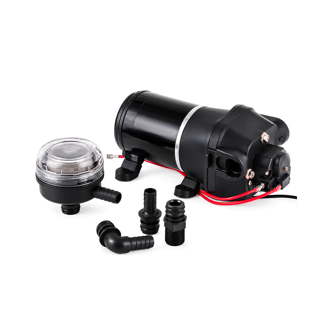 XC-SP 006 FL35 12 Volt Water Pump, automatic self-priming diaphragm pump with 12.5 L/min maximum flow rate, 35 PSI pressure switch and water filter for caravans, boats and off-grid water systems.