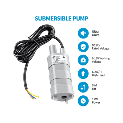 12 Volt Utility Shower Pump, compact 12V DC submersible water pump with 10mm outlet, up to 11 L/min flow and 5m maximum head for camping showers, caravans, jerry cans and portable water transfer.