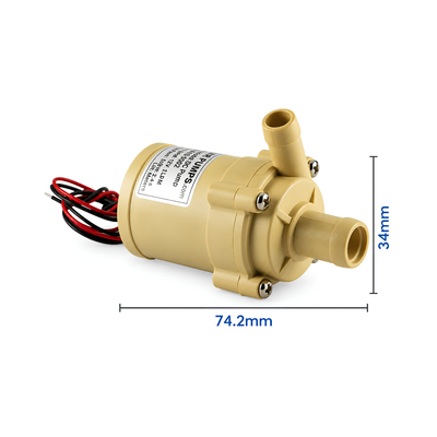 12 VOLT XCSP 005 12 volt DC Pump, compact food-grade brushless inline centrifugal water pump with 390 L/h maximum flow, 2.5m lift and magnetic drive for coffee machines, water dispensers and liquid circulation.
