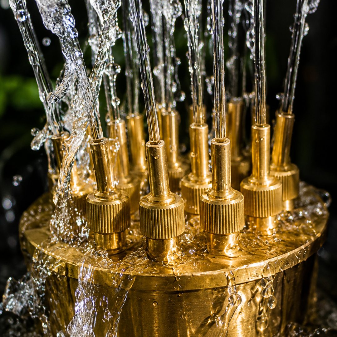 25mm Brass Adjustable Fireworks Fountain Nozzle for creating dramatic multi-stream radiating water displays in ponds, garden fountains and decorative water features