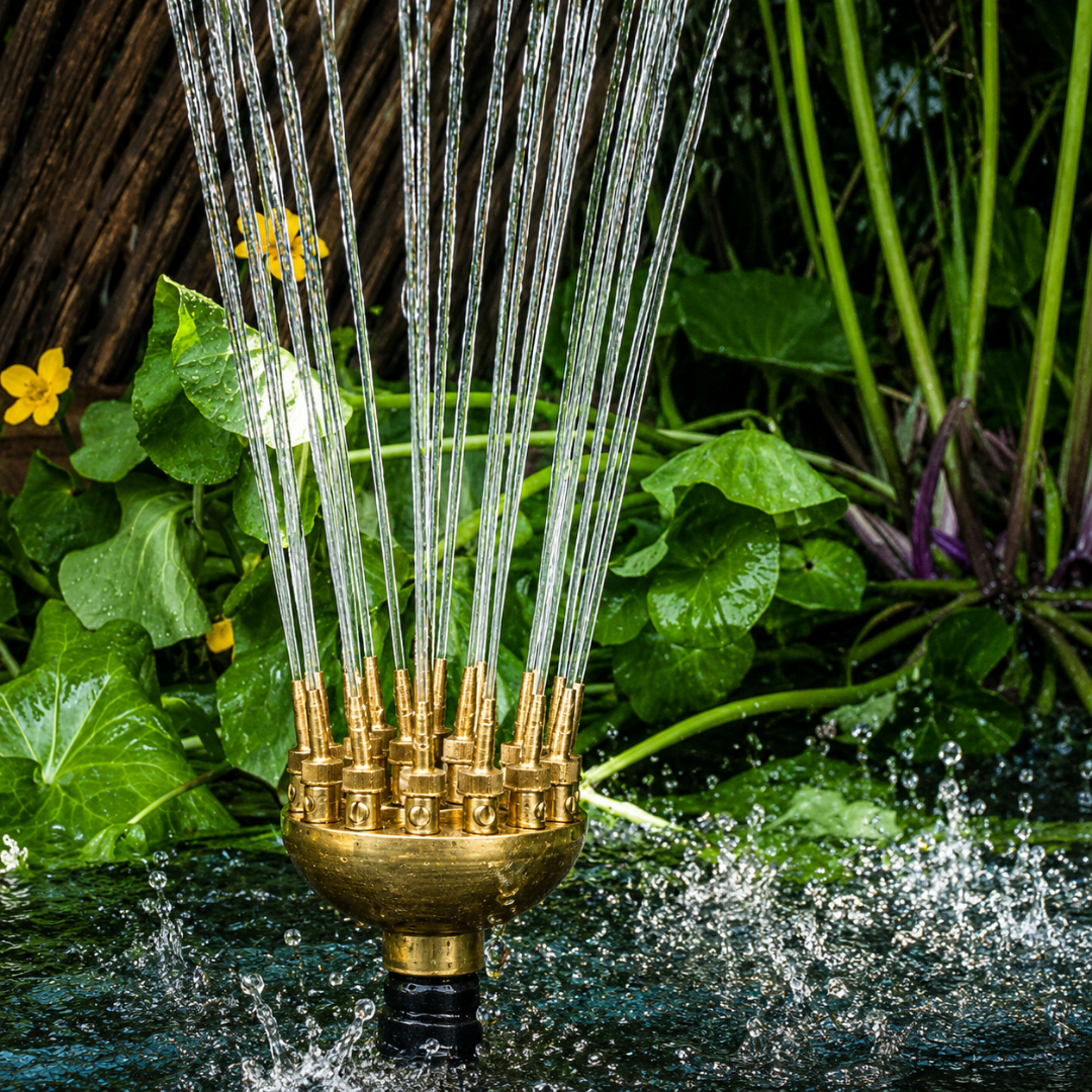 25mm Brass Adjustable Fireworks Fountain Nozzle for creating dramatic multi-stream radiating water displays in ponds, garden fountains and decorative water features