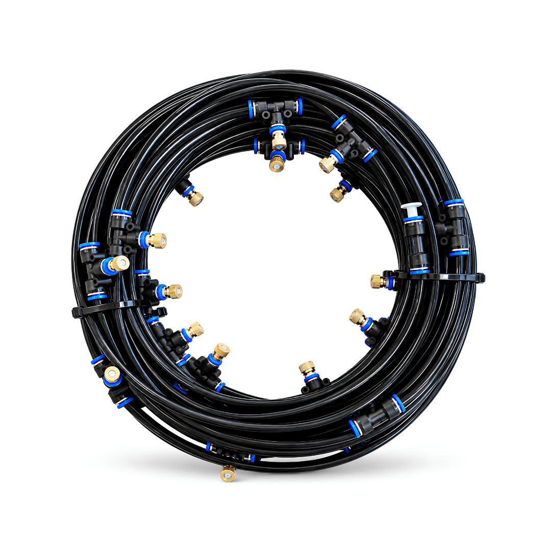 30m Outdoor Misting Cooling Kit with 30 fine misting nozzles and durable 6mm tubing, available in black or white, ideal for cooling patios, pergolas, braai areas and outdoor entertainment spaces. Pump not included.