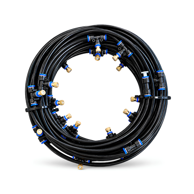 30m Outdoor Misting Cooling Kit with 30 fine misting nozzles and durable 6mm tubing, available in black or white, ideal for cooling patios, pergolas, braai areas and outdoor entertainment spaces. Pump not included.