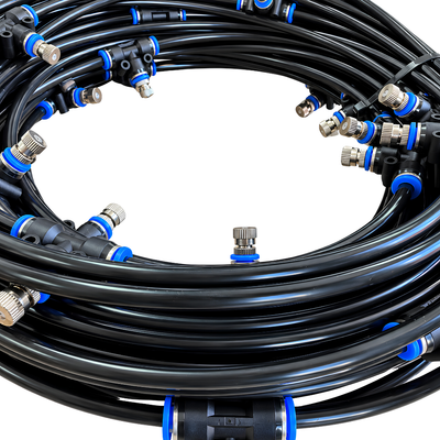 30m Outdoor Misting Cooling Kit with 30 fine misting nozzles and durable 6mm tubing, available in black or white, ideal for cooling patios, pergolas, braai areas and outdoor entertainment spaces. Pump not included.