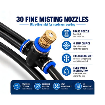 30m Outdoor Misting Cooling Kit with 30 fine misting nozzles and durable 6mm tubing, available in black or white, ideal for cooling patios, pergolas, braai areas and outdoor entertainment spaces. Pump not included.