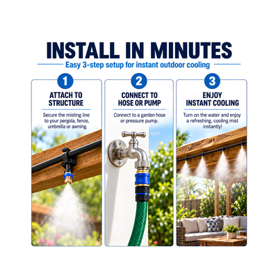 30m Outdoor Misting Cooling Kit with 30 fine misting nozzles and durable 6mm tubing, available in black or white, ideal for cooling patios, pergolas, braai areas and outdoor entertainment spaces. Pump not included.