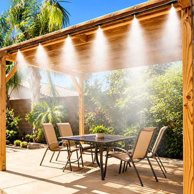 30m Outdoor Misting Cooling Kit with 30 fine misting nozzles and durable 6mm tubing, available in black or white, ideal for cooling patios, pergolas, braai areas and outdoor entertainment spaces. Pump not included.