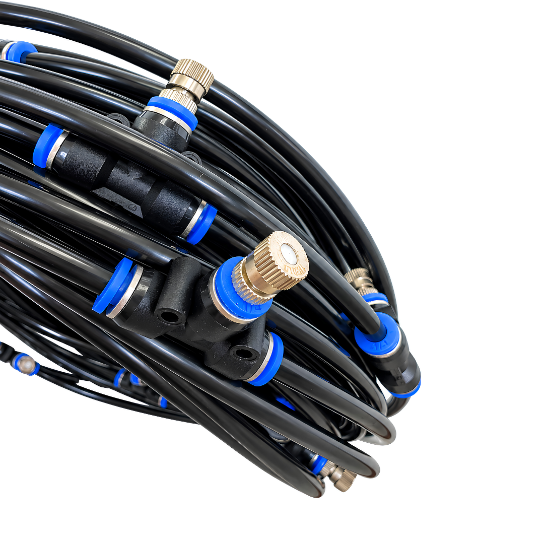 30m Outdoor Misting Cooling Kit with 30 fine misting nozzles and durable 6mm tubing, available in black or white, ideal for cooling patios, pergolas, braai areas and outdoor entertainment spaces. Pump not included.