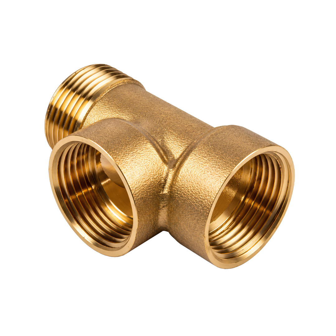 3 Way Brass Connector with 1 inch BSP threaded connections and 0.5m flexible hose, heavy-duty solid brass plumbing fitting for water pressure booster pumps, pressure vessels and pressure control systems.