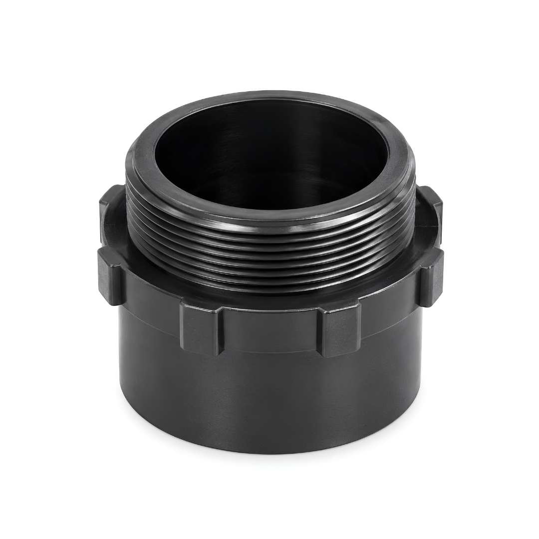 Black 50mm PVC male adaptor with 2 inch male thread for pool plumbing, pumps, filters and water systems