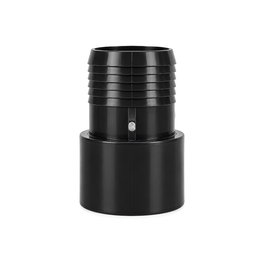 Black 50mm PVC to 40mm poly pipe adaptor for swimming pools, irrigation, pumps, filtration and water systems