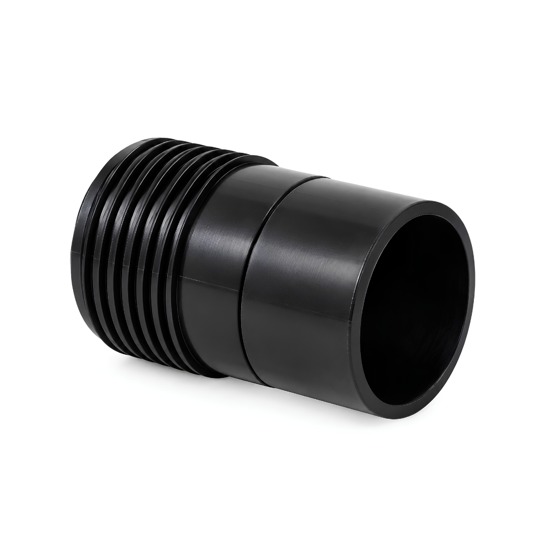 Black 50mm PVC to 50mm poly pipe adaptor for swimming pools, irrigation, pumps and water systems
