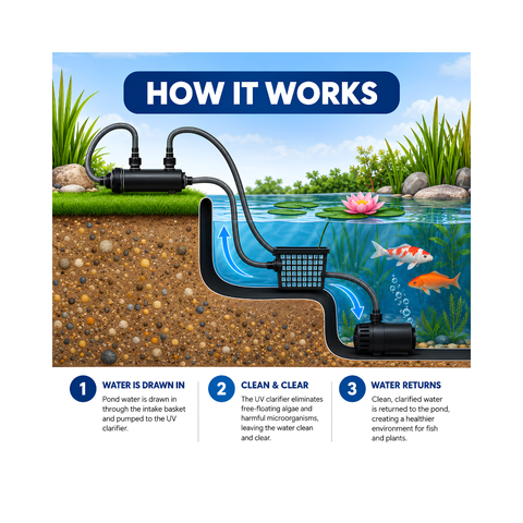 UltraZap 55 Watt UV Pond Clarifier for koi ponds, garden ponds and water features up to 50,000 litres, designed to control green pond water and free-floating algae with a maximum flow rate of 18,000 litres per hour.