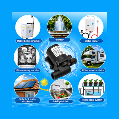 900 L/H Hot Water Solar DC Water Pump WH-XFDC5000-HOT, compact 12V 18W brushless circulation pump with 5m maximum head for solar hot water systems, heating, cooling and water circulation.