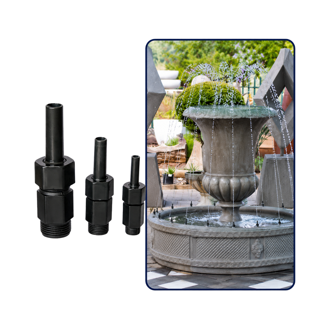 Adjustable Plastic Straight Flow Fountain Nozzle for creating vertical water jets in ponds, garden fountains and decorative water features