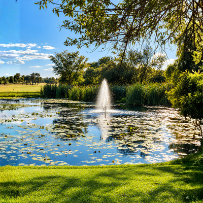 Waterhouse Smart Aerator Floating Fountain with included WH30000 submersible pump and interchangeable fountain spray heads, designed to improve water circulation and aeration in residential ponds, golf course dams, lakes and public park water features while creating decorative fountain displays.