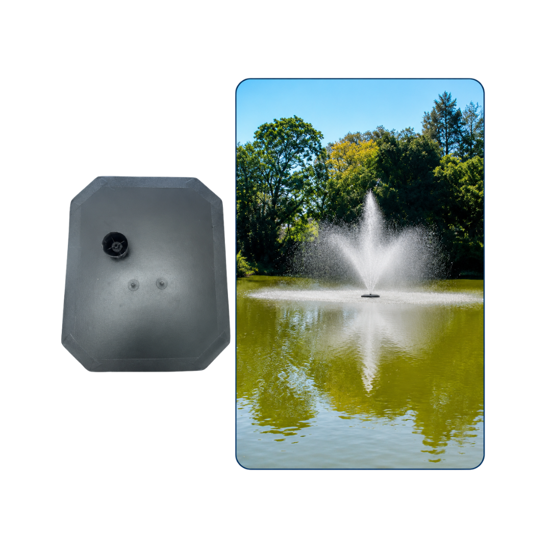 Waterhouse Smart Aerator Floating Fountain with included WH30000 submersible pump and interchangeable fountain spray heads, designed to improve water circulation and aeration in residential ponds, golf course dams, lakes and public park water features while creating decorative fountain displays.