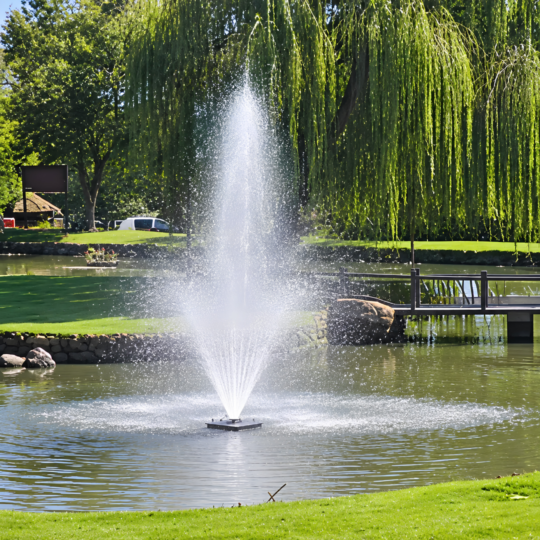 Waterhouse Smart Aerator Floating Fountain with included WH30000 submersible pump and interchangeable fountain spray heads, designed to improve water circulation and aeration in residential ponds, golf course dams, lakes and public park water features while creating decorative fountain displays.