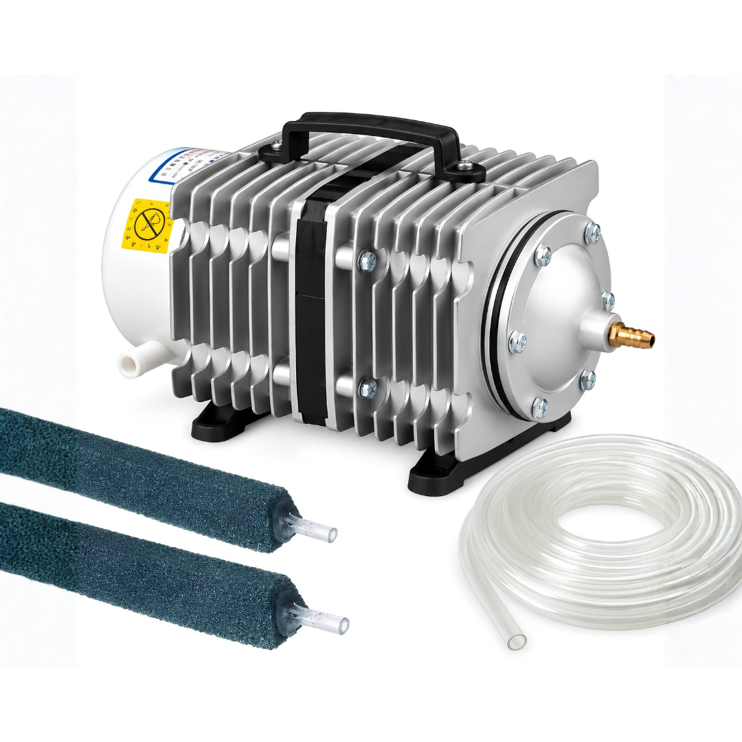 ACO-004 58W Air Compressor Pump with 75L/min (4500L/h) airflow, 0.028MPa pressure and 8-outlet manifold for fish pond, aquarium and hydroponic aeration, available as pump only or complete kit with 4 air stones and 5mm airline tubing.