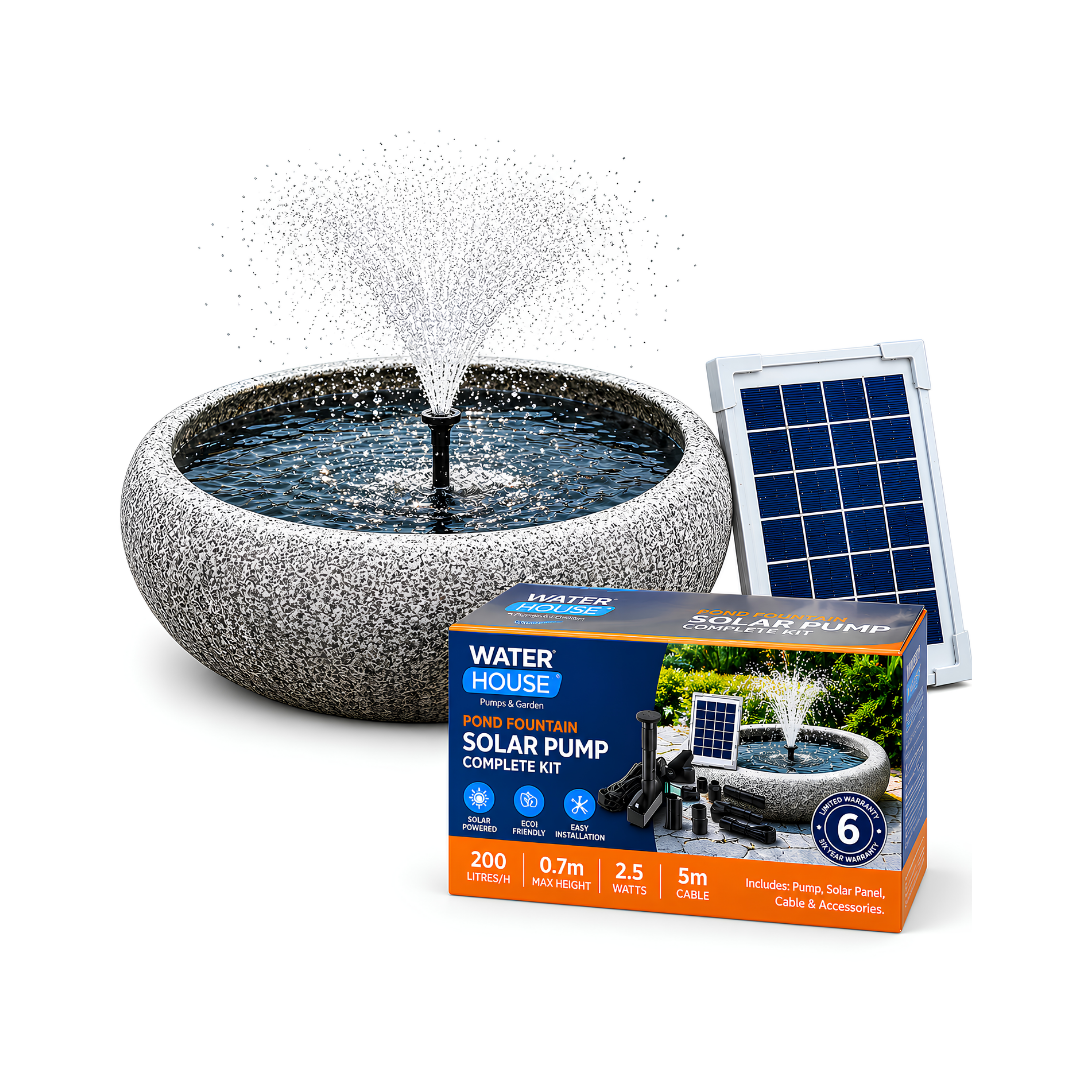All-in-One Fountain Water Feature with granite-finish 50 cm round basin, available with solar-powered or electric-powered water pump and interchangeable fountain nozzles for gardens, patios and outdoor spaces.