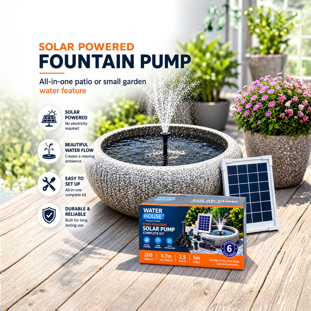 All-in-One Fountain Water Feature with granite-finish 50 cm round basin, available with solar-powered or electric-powered water pump and interchangeable fountain nozzles for gardens, patios and outdoor spaces.