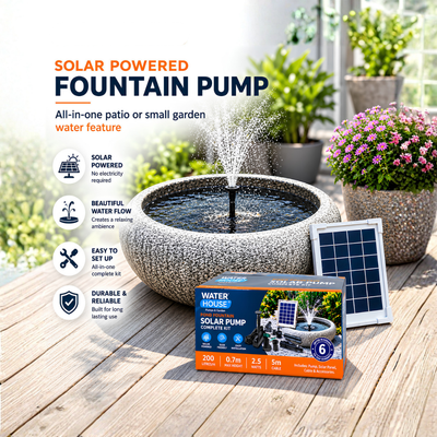All-in-One Fountain Water Feature with granite-finish 50 cm round basin, available with solar-powered or electric-powered water pump and interchangeable fountain nozzles for gardens, patios and outdoor spaces.