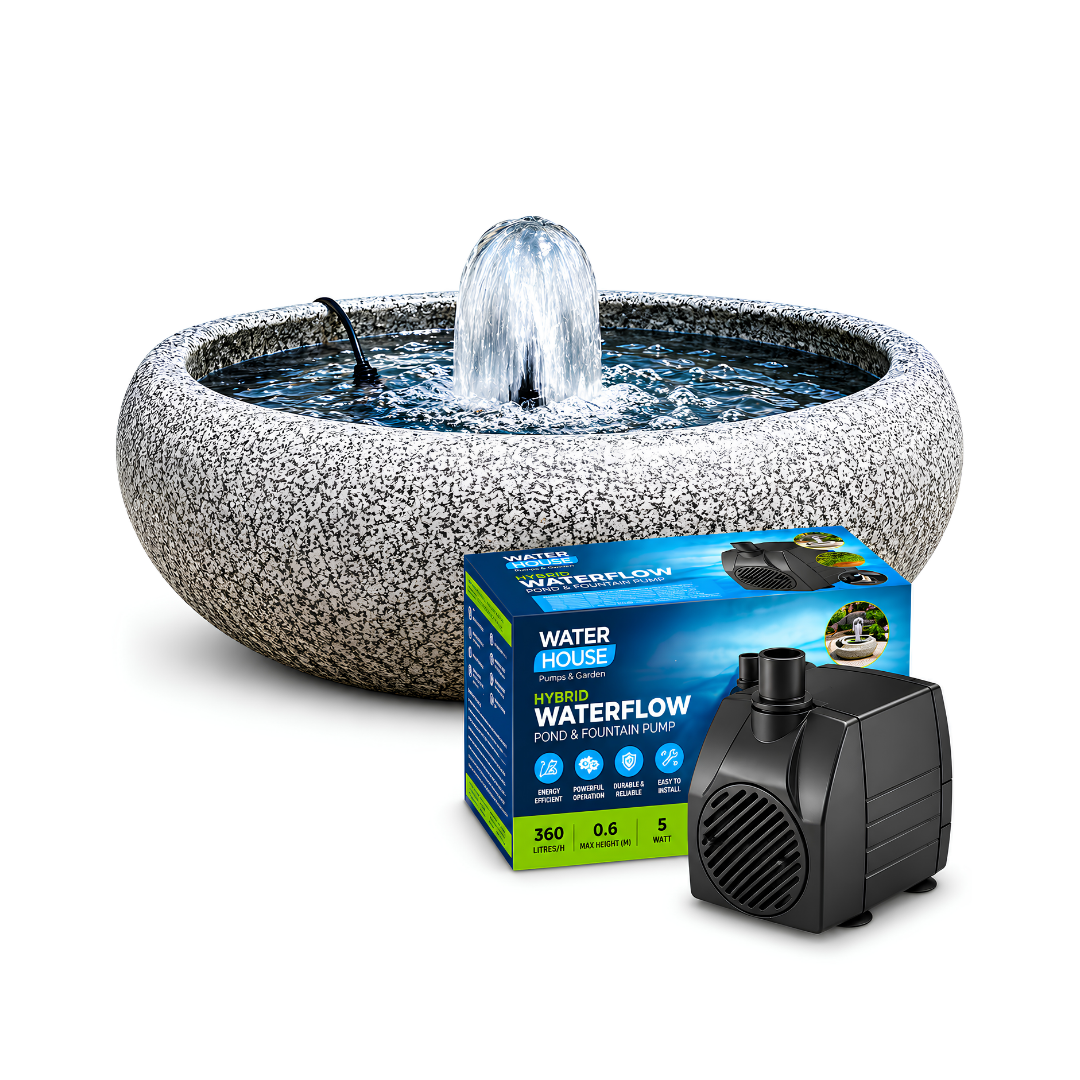 All-in-One Fountain Water Feature with granite-finish 50 cm round basin, available with solar-powered or electric-powered water pump and interchangeable fountain nozzles for gardens, patios and outdoor spaces.