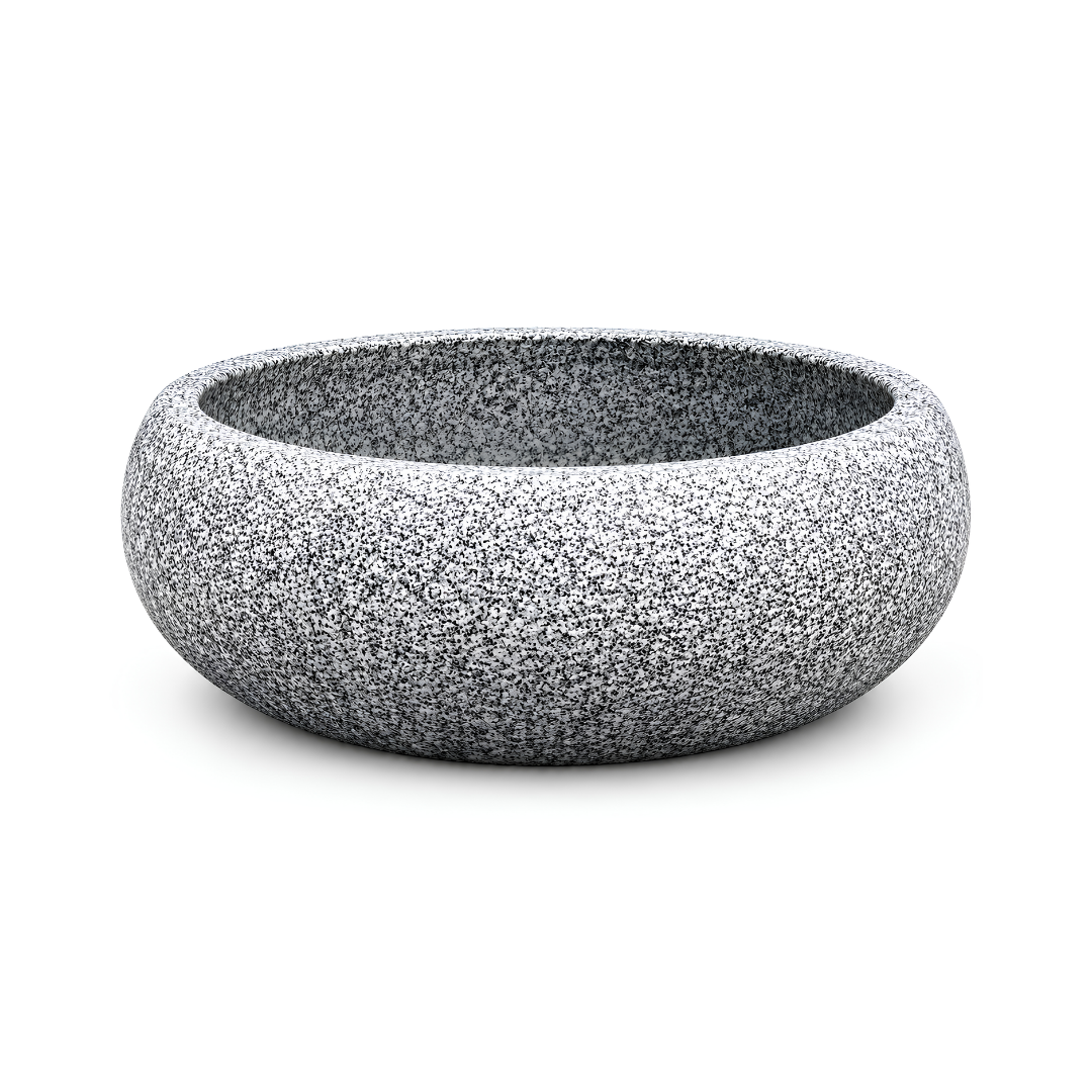 All-in-One Fountain Water Feature with granite-finish 50 cm round basin, available with solar-powered or electric-powered water pump and interchangeable fountain nozzles for gardens, patios and outdoor spaces.