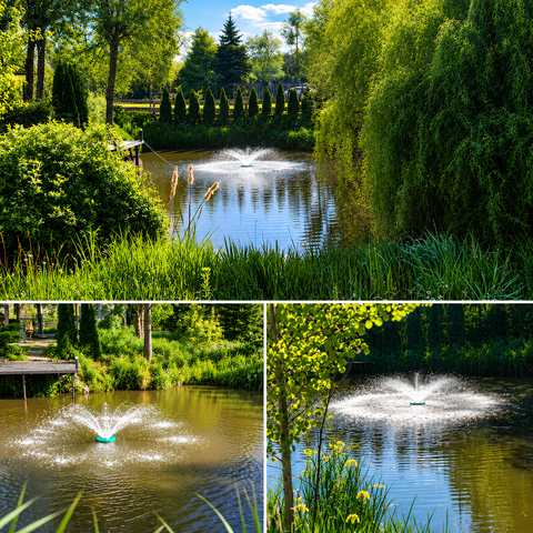 All-in-One Floating Fountain for ponds, dams, lakes and large decorative water features with water spray display and aeration