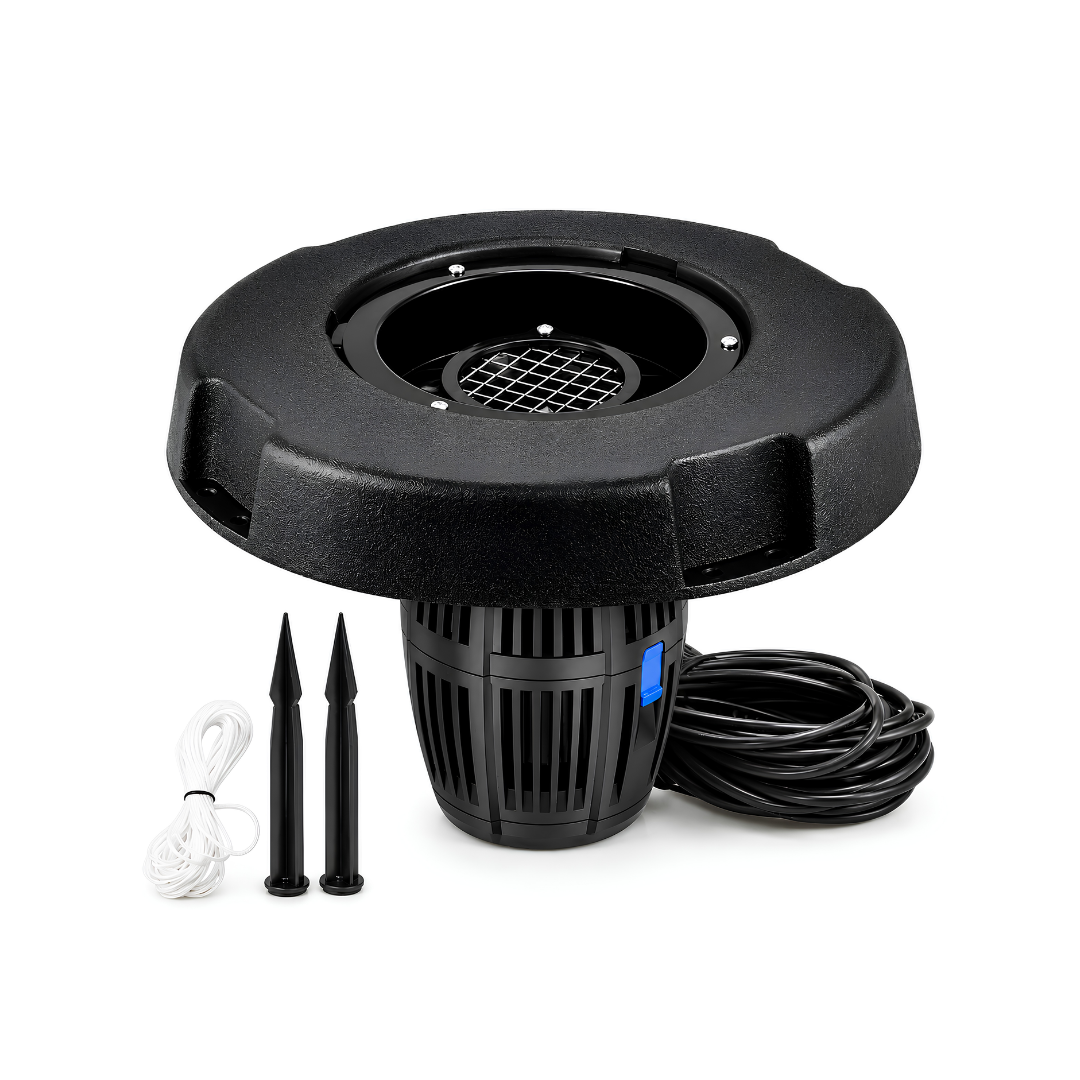 All-in-One Floating Fountain for ponds, dams, lakes and large decorative water features with water spray display and aeration
