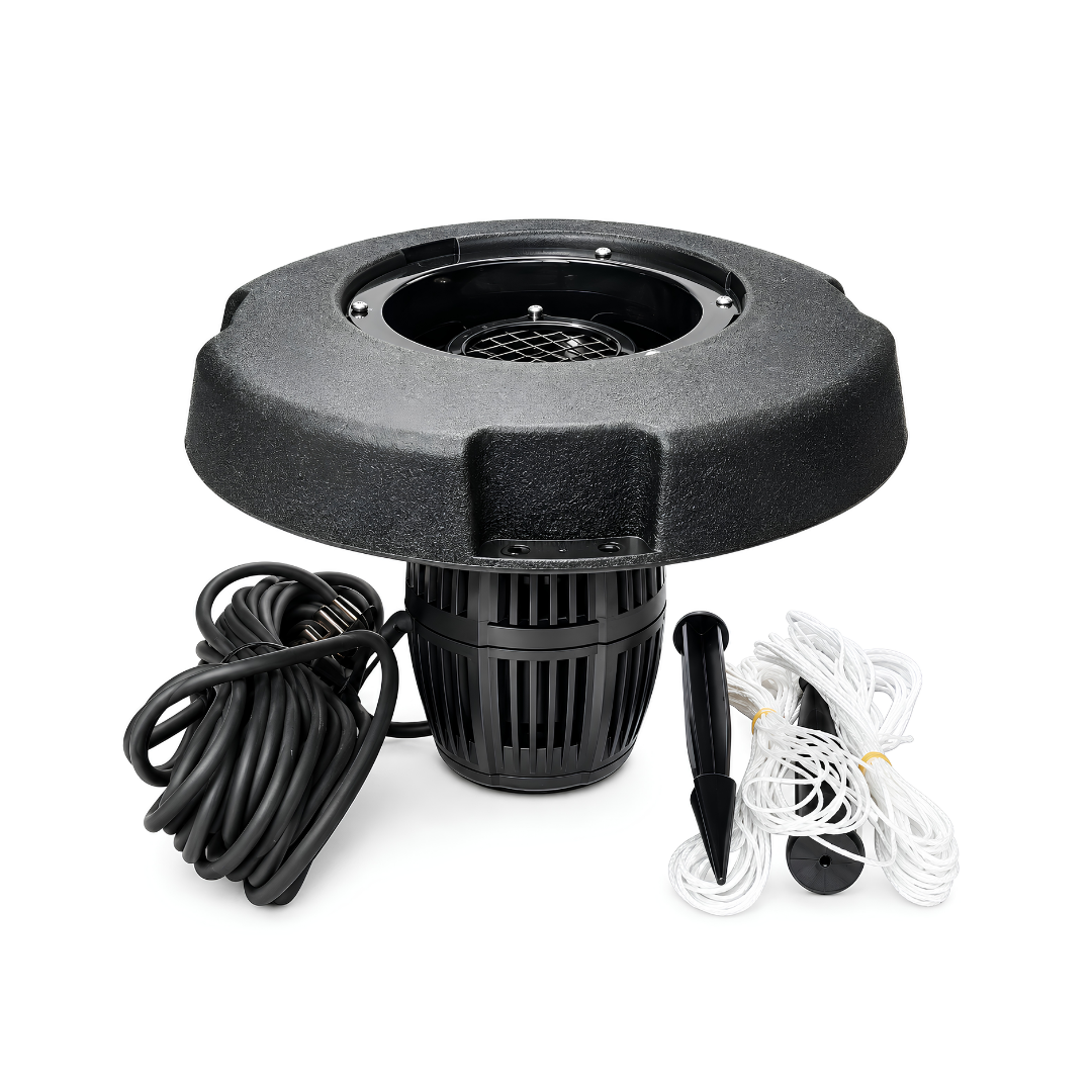 All-in-One Floating Fountain for ponds, dams, lakes and large decorative water features with water spray display and aeration