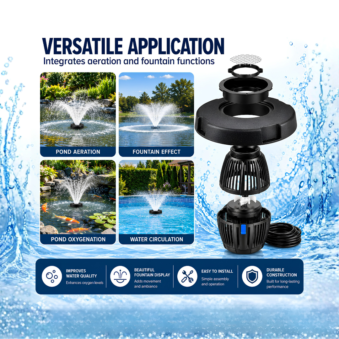 All-in-One Floating Fountain for ponds, dams, lakes and large decorative water features with water spray display and aeration