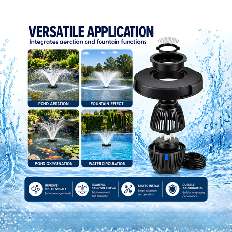 All-in-One Floating Fountain for ponds, dams, lakes and large decorative water features with water spray display and aeration