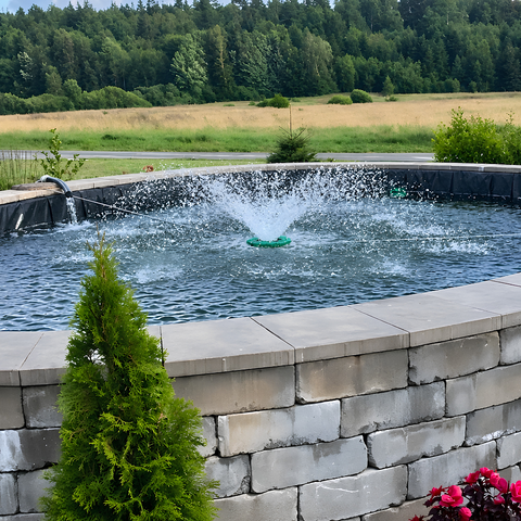 All-in-One Floating Fountain for ponds, dams, lakes and large decorative water features with water spray display and aeration