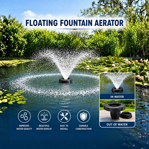 All-in-One Floating Fountain for ponds, dams, lakes and large decorative water features with water spray display and aeration