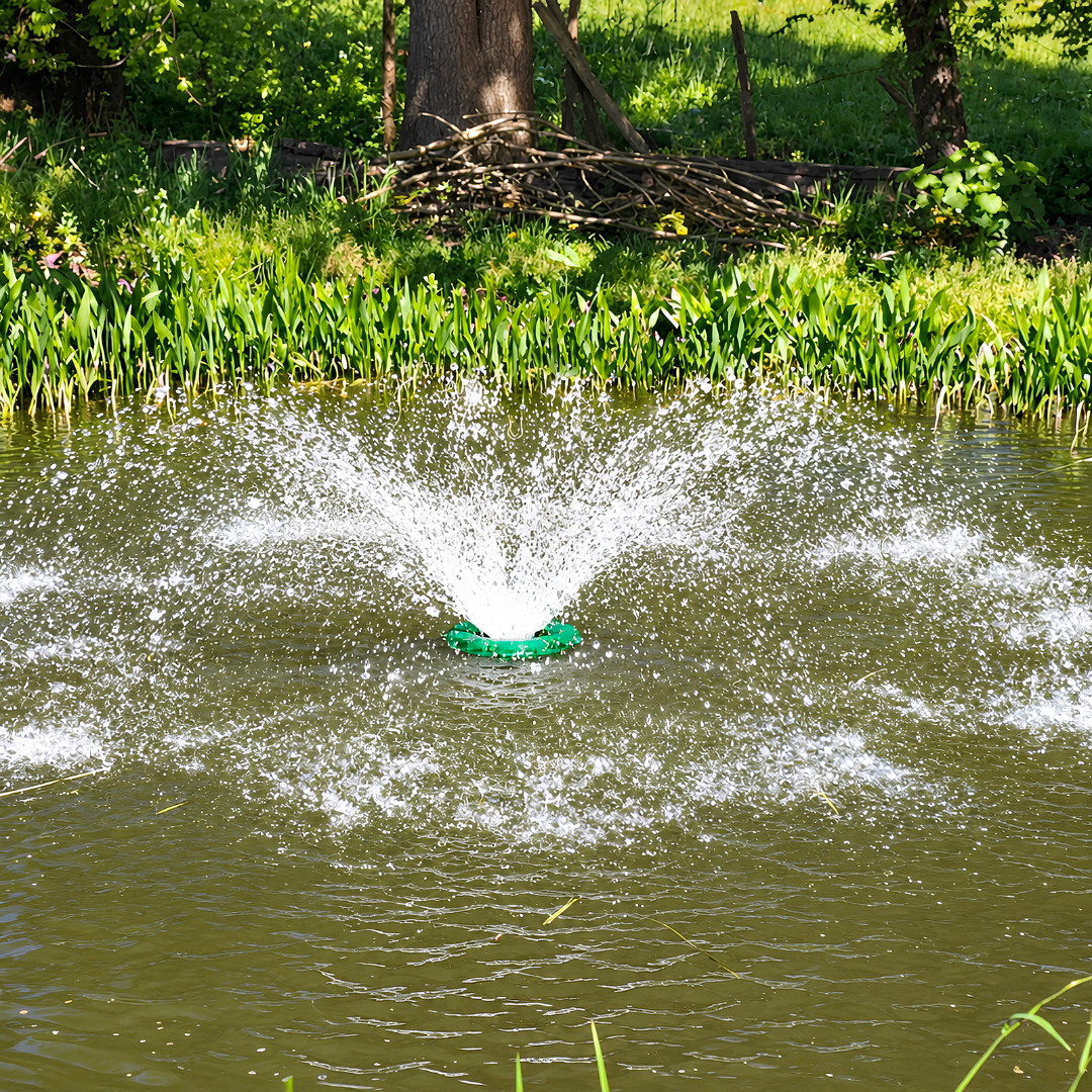 All-in-One Floating Fountain for ponds, dams, lakes and large decorative water features with water spray display and aeration