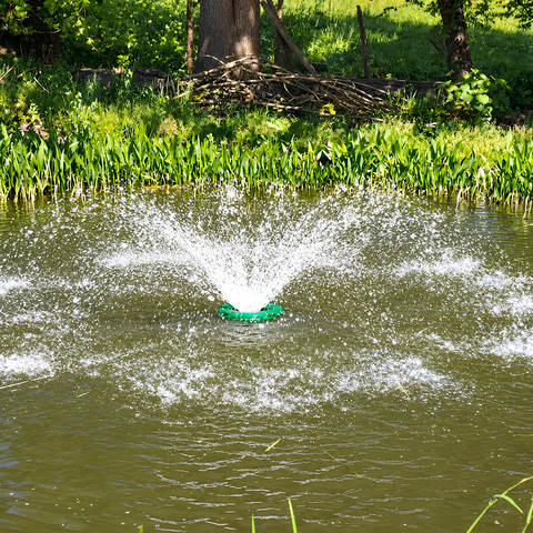 All-in-One Floating Fountain for ponds, dams, lakes and large decorative water features with water spray display and aeration