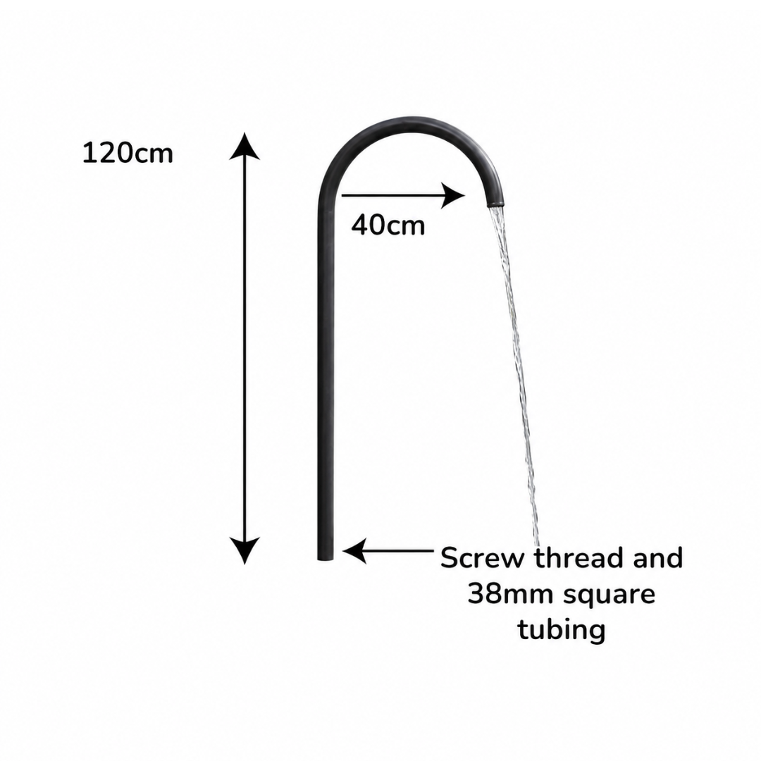 Black Arch Water Spout dimensions – 120cm high with 40cm arch, 38mm square tubing and screw thread connection.