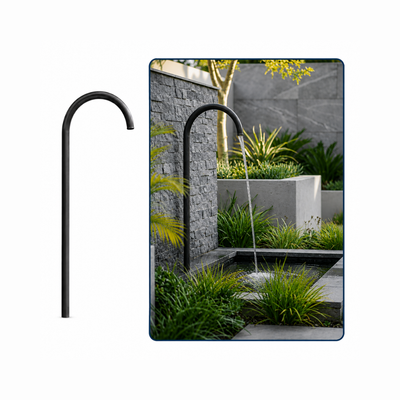 Black Arch Water Spout for garden pond and outdoor water feature, shown individually and installed in a landscaped fountain.