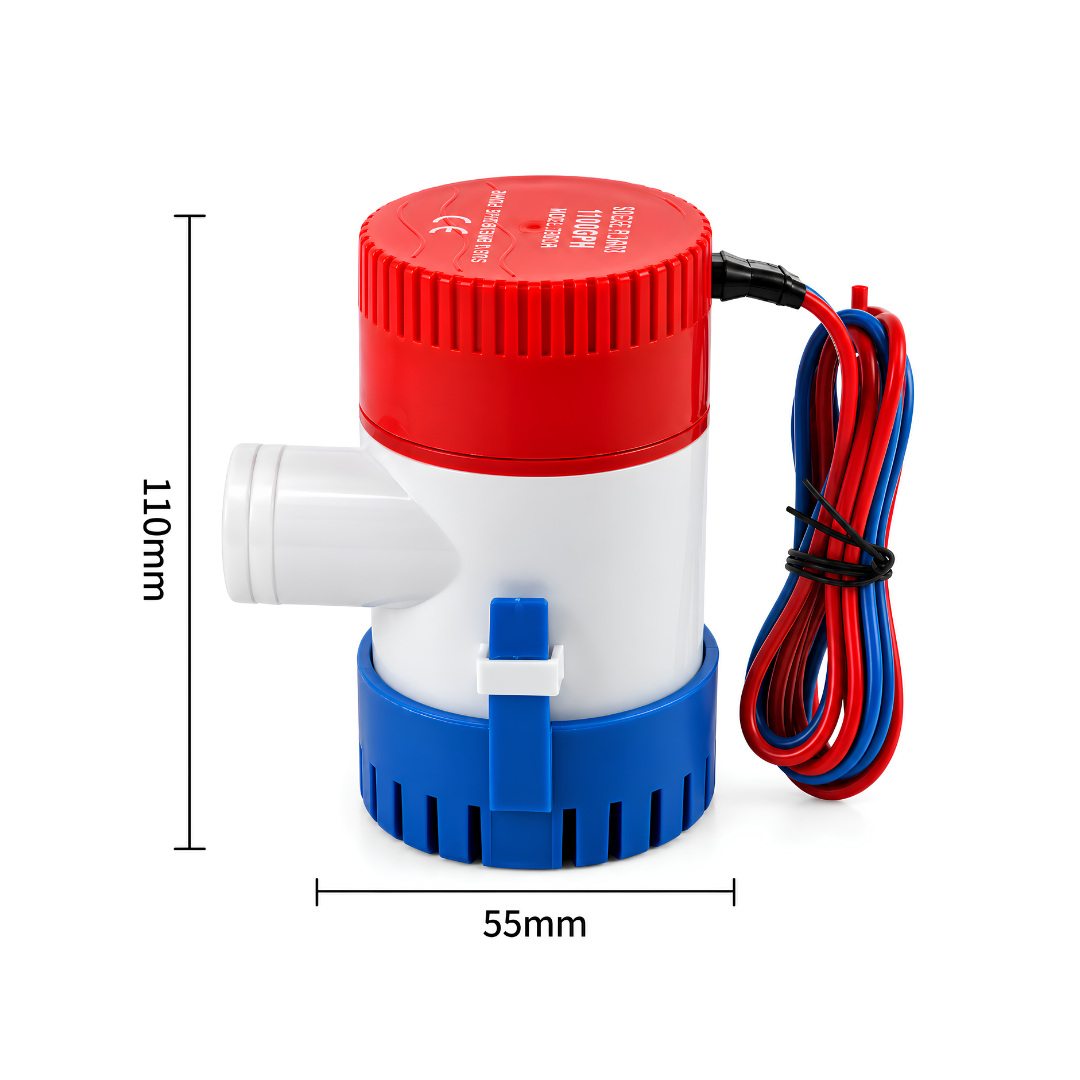 Automatic Bilge 12V Solar Pump with 4100 L/h maximum flow rate, 4m maximum head, automatic water detection, durable ABS housing and 25mm outlet for fishing boats, marine bilges and water drainage.