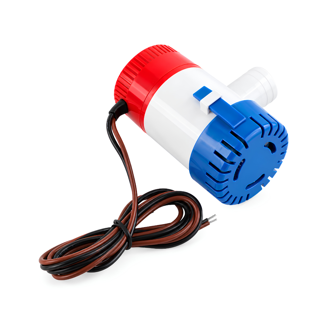 Automatic Bilge 12V Solar Pump with 4100 L/h maximum flow rate, 4m maximum head, automatic water detection, durable ABS housing and 25mm outlet for fishing boats, marine bilges and water drainage.