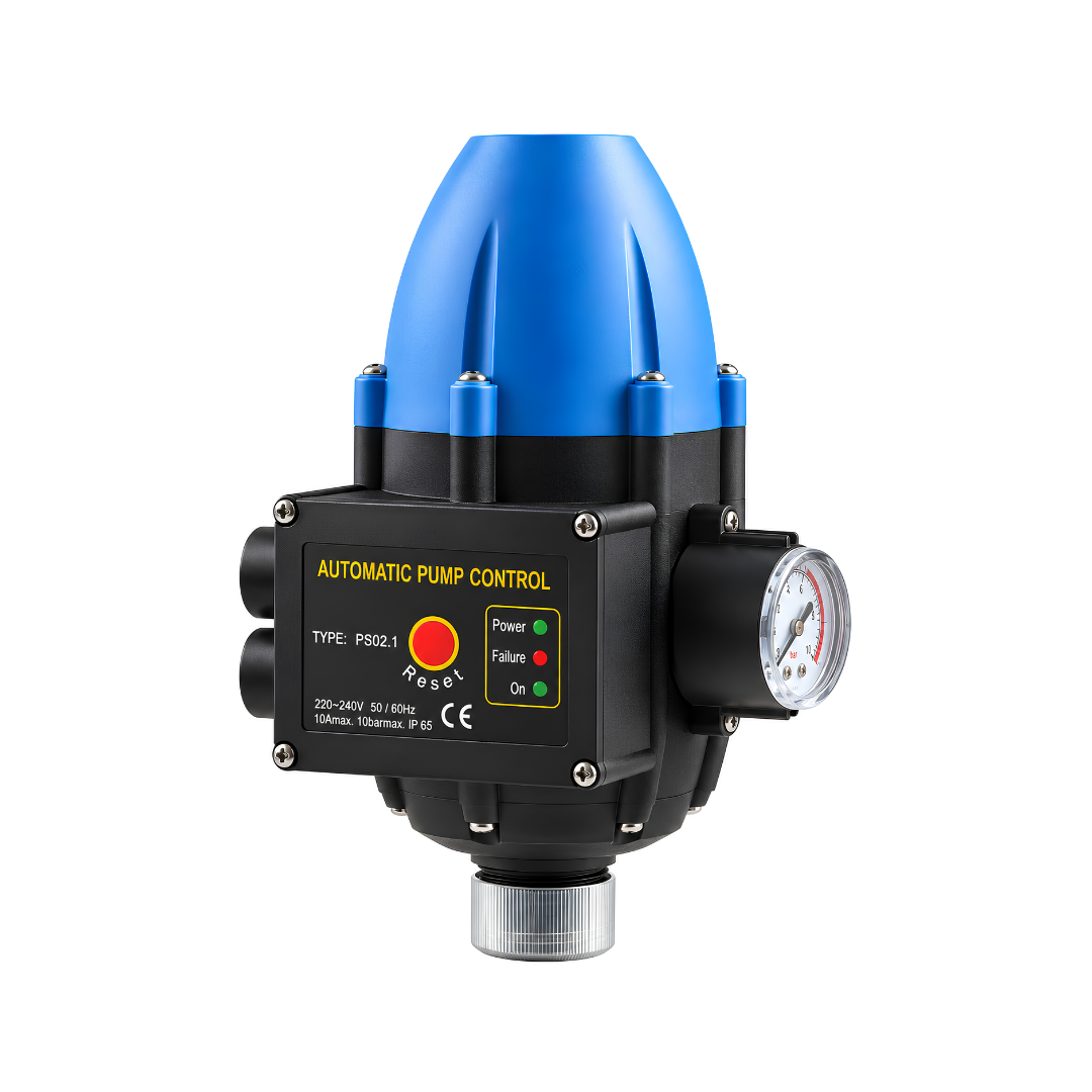 Automatic Pump Controller DTDS-3 electronic pressure switch for household water pumps, garden irrigation and water pressure boosting systems. 240V automatic pump controller with adjustable 1.5 Bar starting pressure, 10 Bar maximum working pressure, dry-run protection, built-in non-return valve and 1-inch connections.