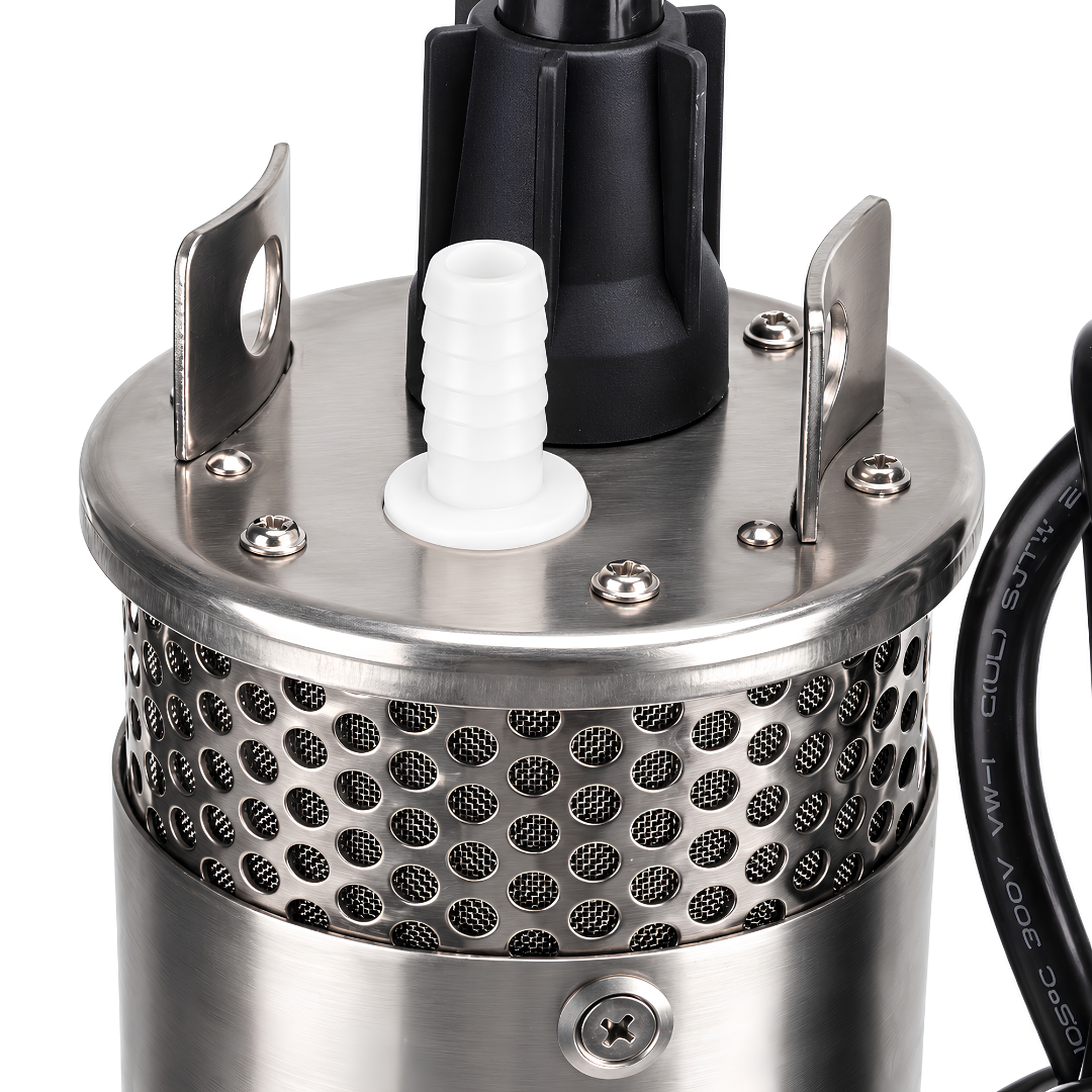 12V DC Solar Borehole Pump with 70m maximum vertical lift, 12 L/min open flow rate, three-chamber diaphragm design and submersible motor for off-grid borehole water extraction, wells and rural water storage.