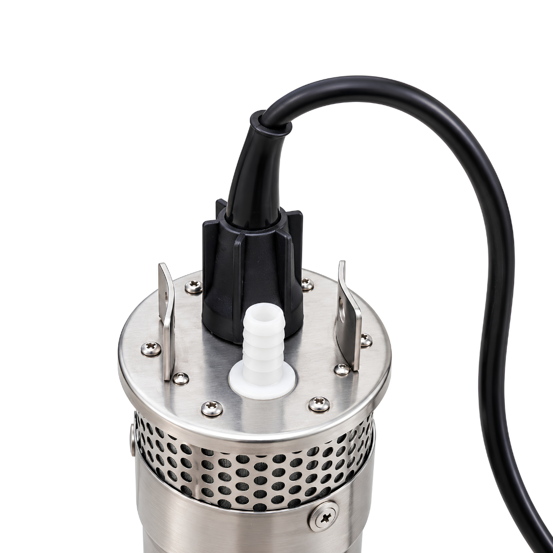 12V DC Solar Borehole Pump with 70m maximum vertical lift, 12 L/min open flow rate, three-chamber diaphragm design and submersible motor for off-grid borehole water extraction, wells and rural water storage.