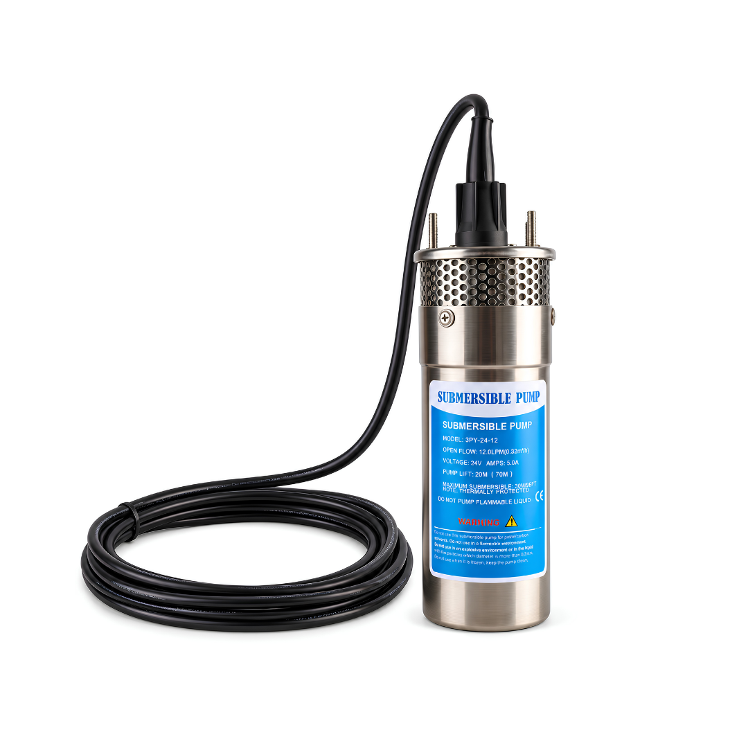 XWEL2460 24V DC solar submersible borehole well pump with 12L/min open flow, 70m maximum vertical lift and 30m maximum submersion depth