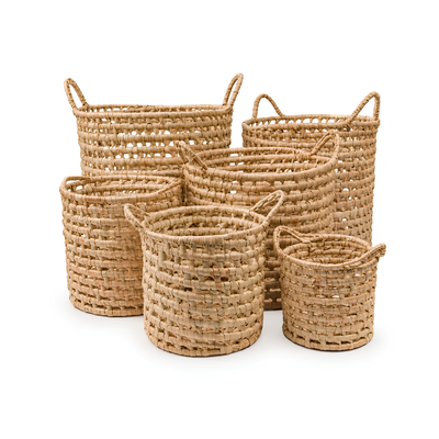Breezy hand-woven Malawi palm leaf pot plant basket with handles, natural woven planter available in 200mm to 450mm sizes