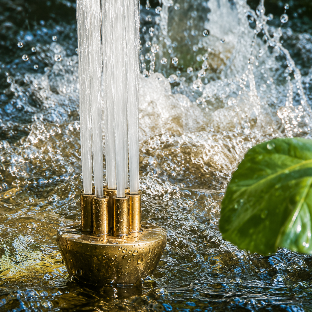 Brass Central Upright Fountain Nozzle with female connection for creating strong vertical water jets in ponds, pools and decorative water features